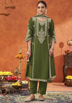 Olive Green Floral Embroidered Poly Blend Salwar Kameez With Dupatta