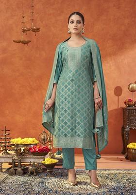 Blue Woven Jacquard Salwar Kameez With Dupatta