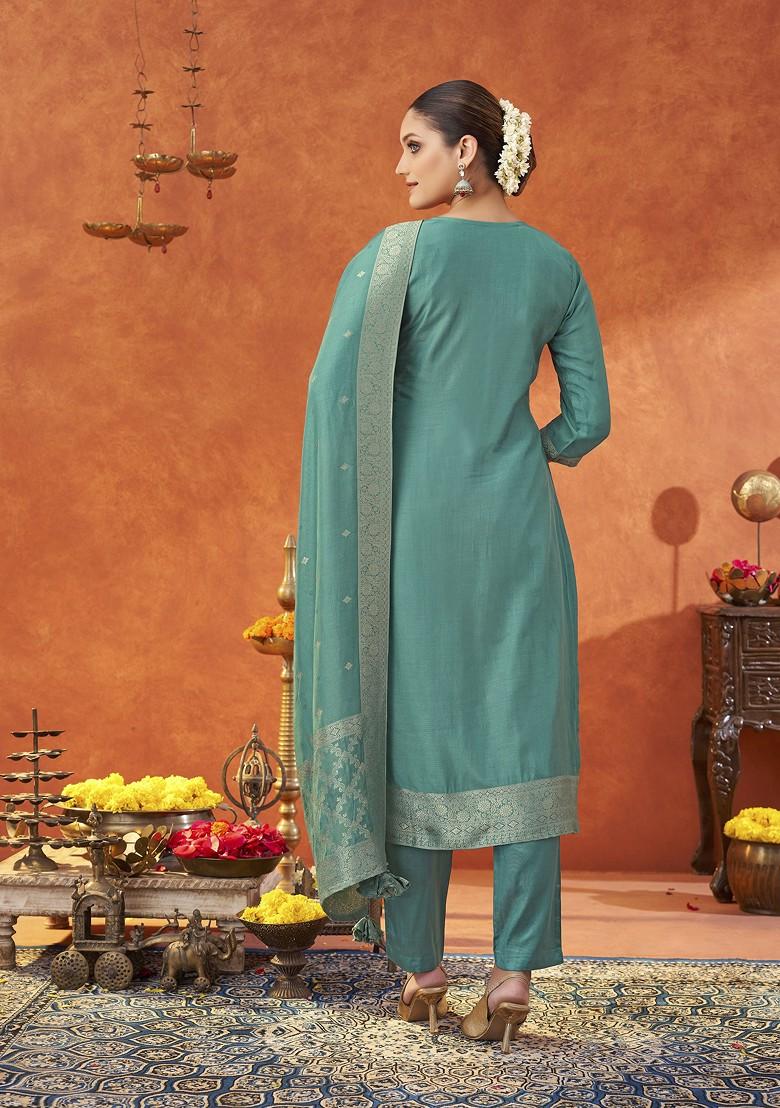 Blue Woven Jacquard Salwar Kameez With Dupatta