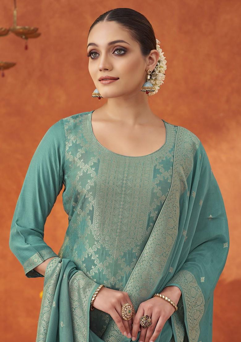 Blue Woven Jacquard Salwar Kameez With Dupatta