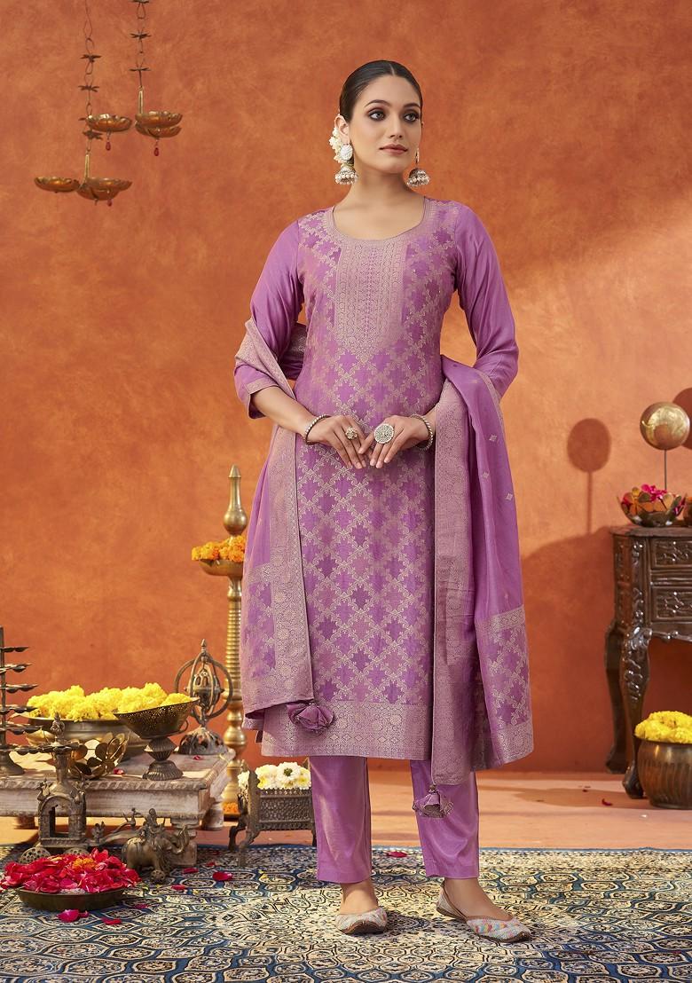 Lavender Woven Jacquard Salwar Kameez With Dupatta