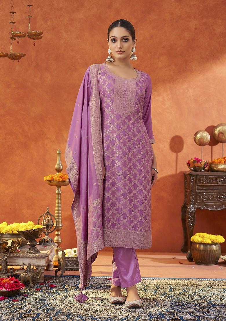 Lavender Woven Jacquard Salwar Kameez With Dupatta
