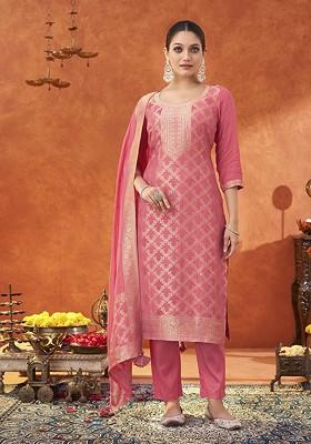 Pink Woven Jacquard Salwar Kameez With Dupatta