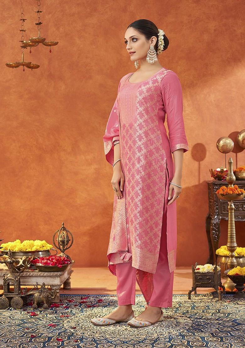 Pink Woven Jacquard Salwar Kameez With Dupatta