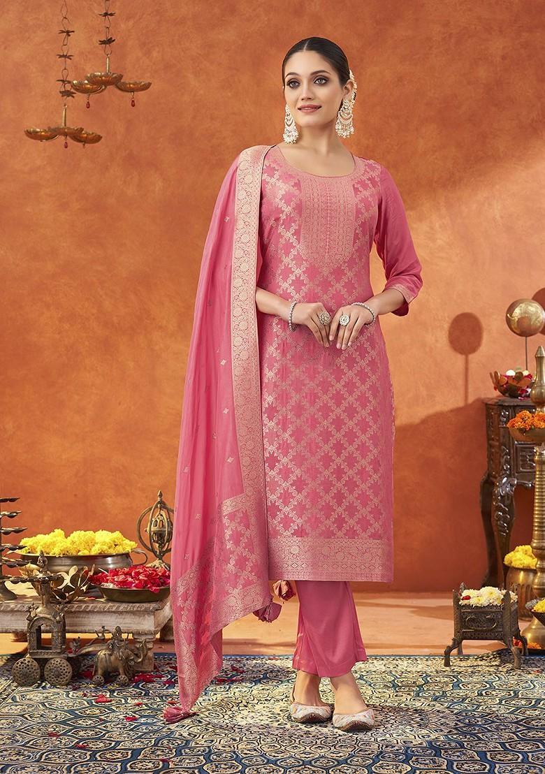 Pink Woven Jacquard Salwar Kameez With Dupatta