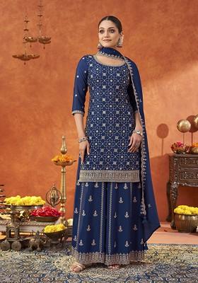 Navy Blue Embellished Poly Blend Salwar Kameez With Dupatta