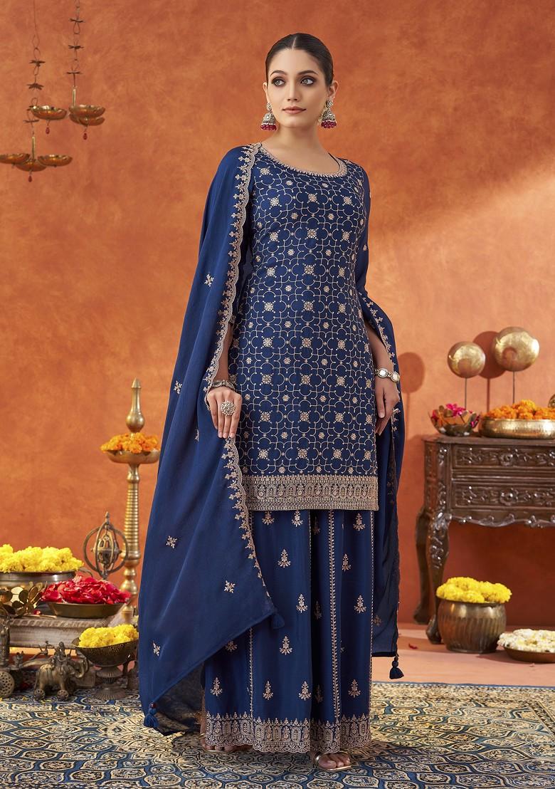 Navy Blue Embellished Poly Blend Salwar Kameez With Dupatta