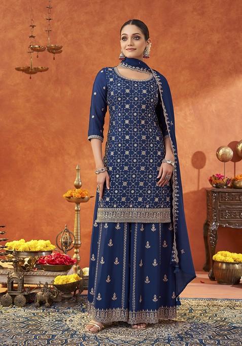Navy Blue Embellished Poly Blend Salwar Kameez With Dupatta