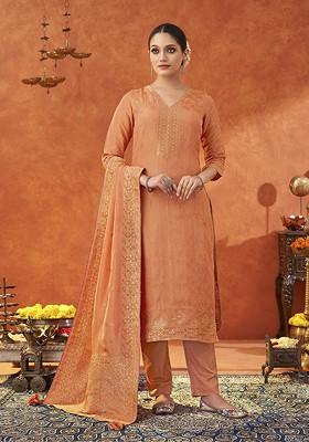 Peach Woven Poly Blend Salwar Kameez With Dupatta