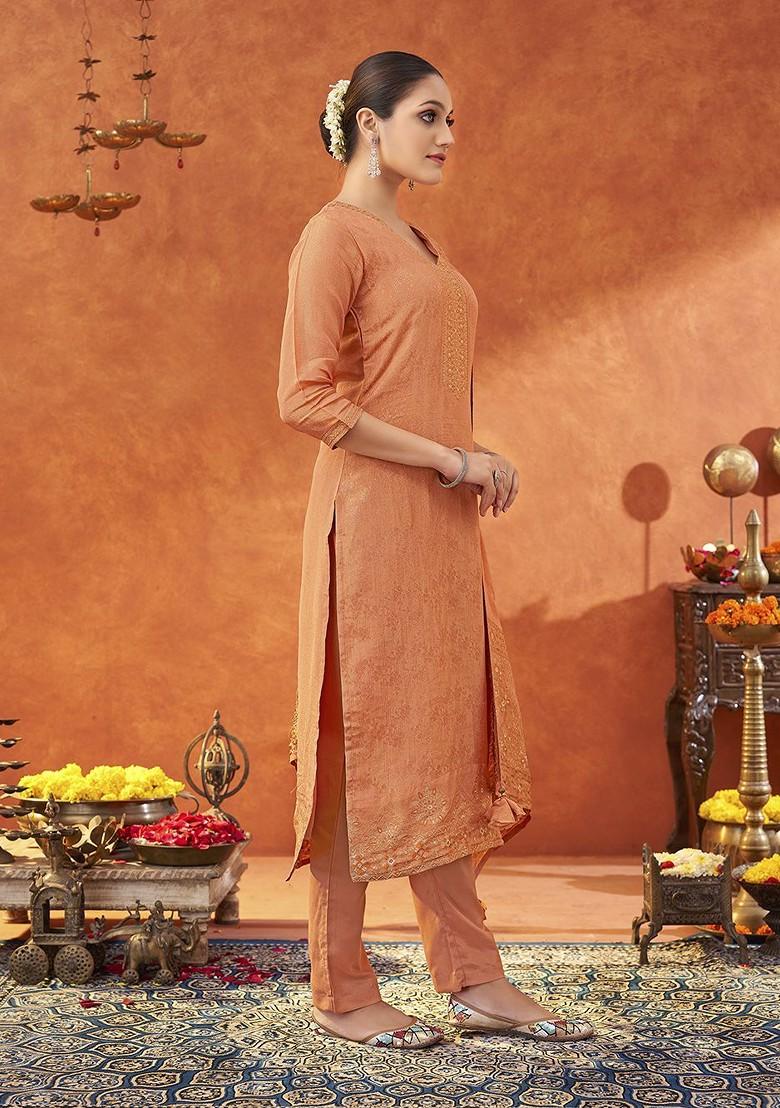 Peach Woven Poly Blend Salwar Kameez With Dupatta