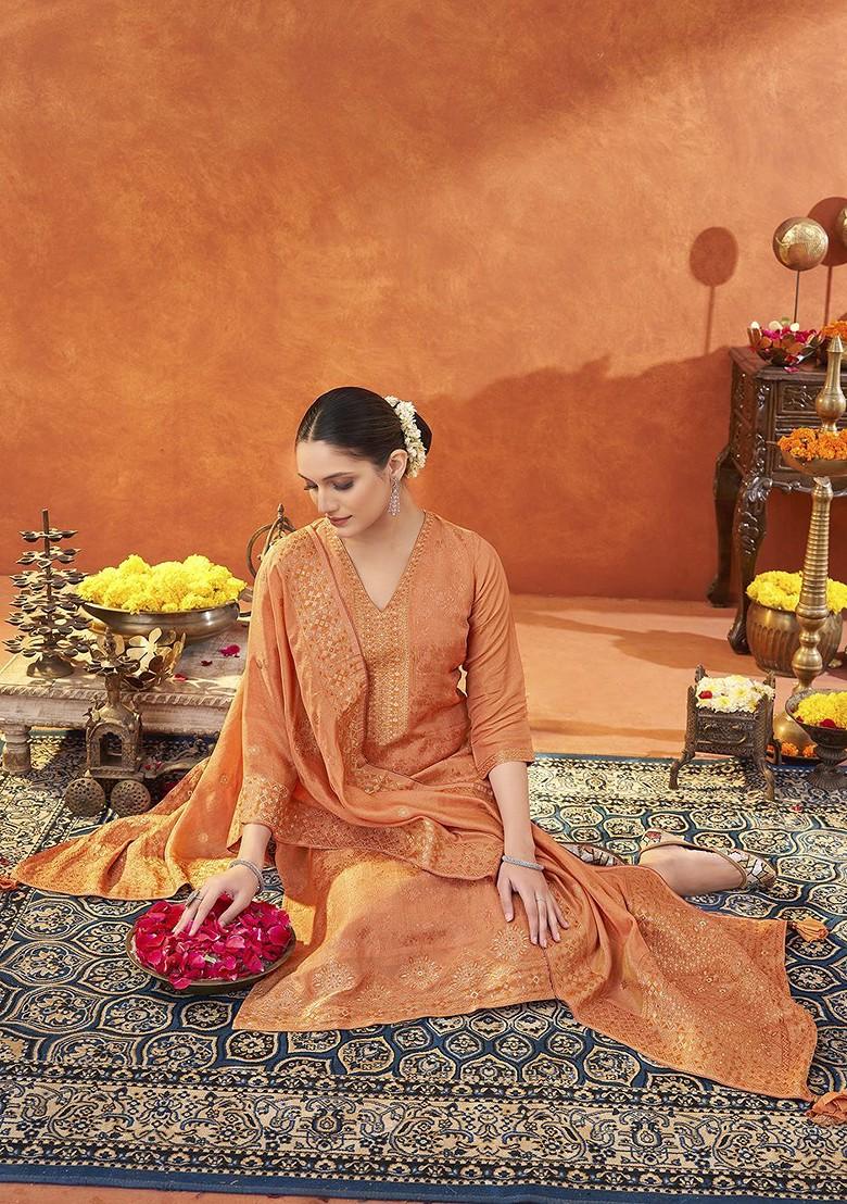 Peach Woven Poly Blend Salwar Kameez With Dupatta