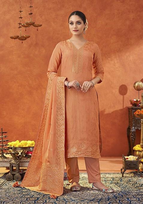 Peach Woven Poly Blend Salwar Kameez With Dupatta