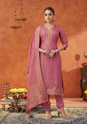 Pink Woven Jacquard Salwar Kameez With Dupatta