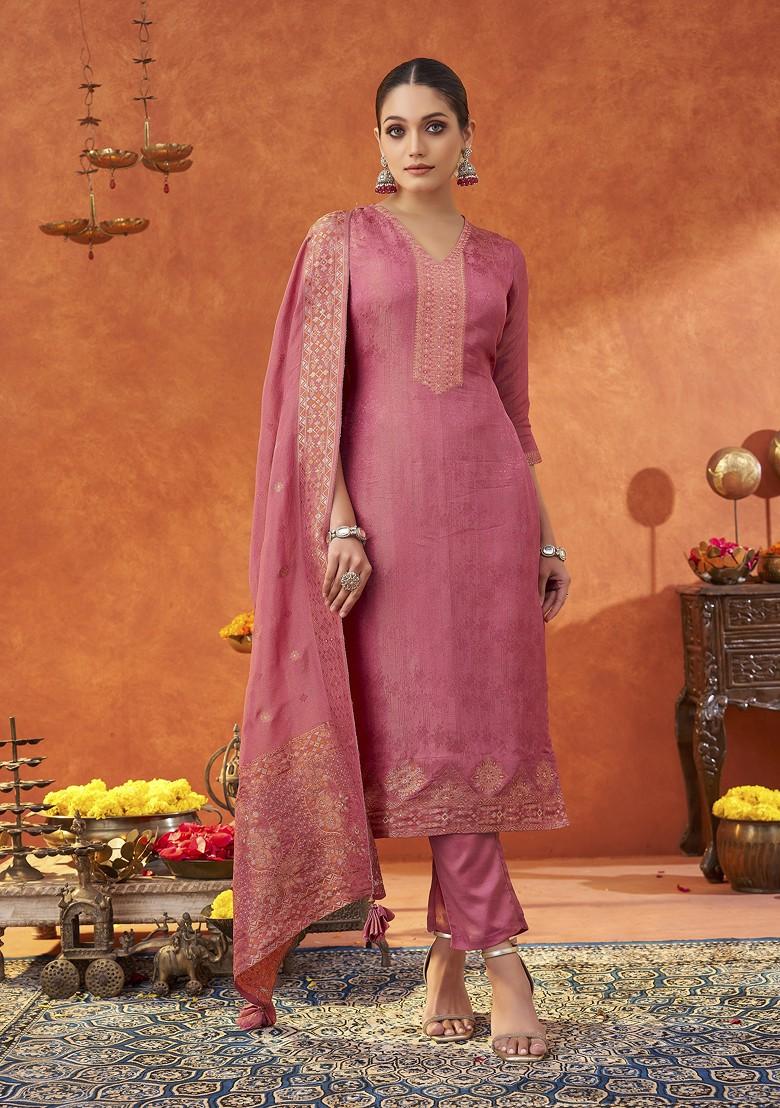 Pink Woven Jacquard Salwar Kameez With Dupatta