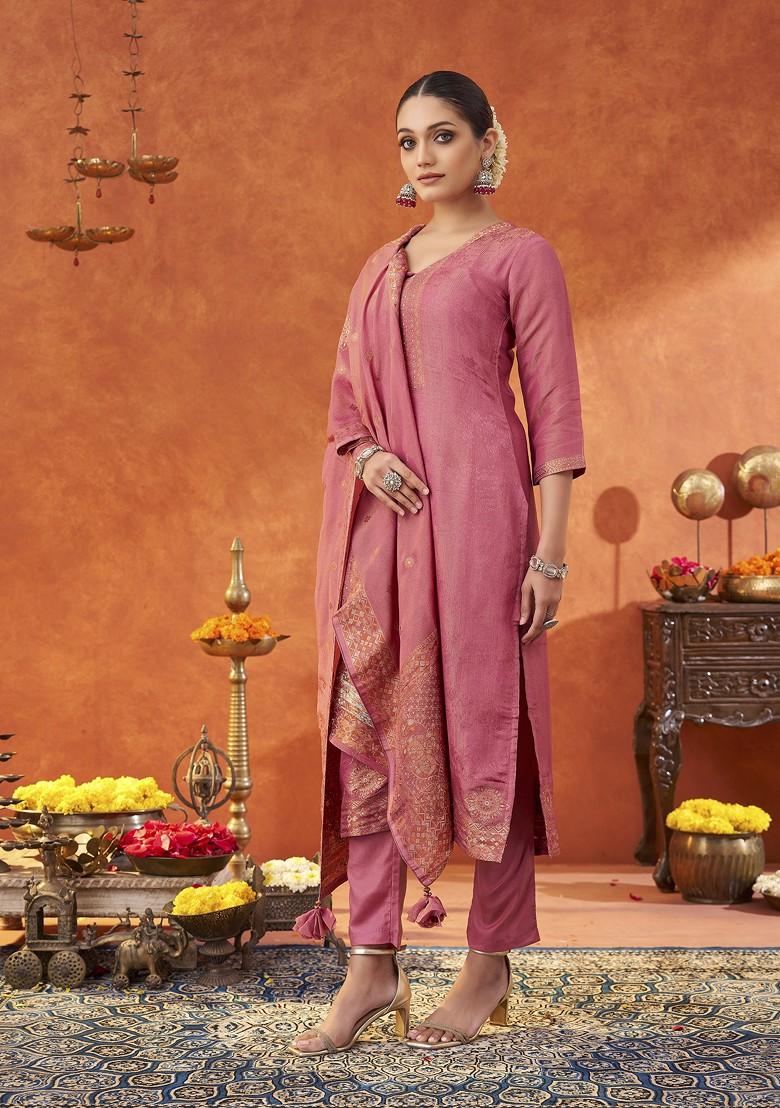 Pink Woven Jacquard Salwar Kameez With Dupatta