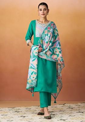 Sea Green Embellished Poly Blend Salwar Kameez With Dupatta