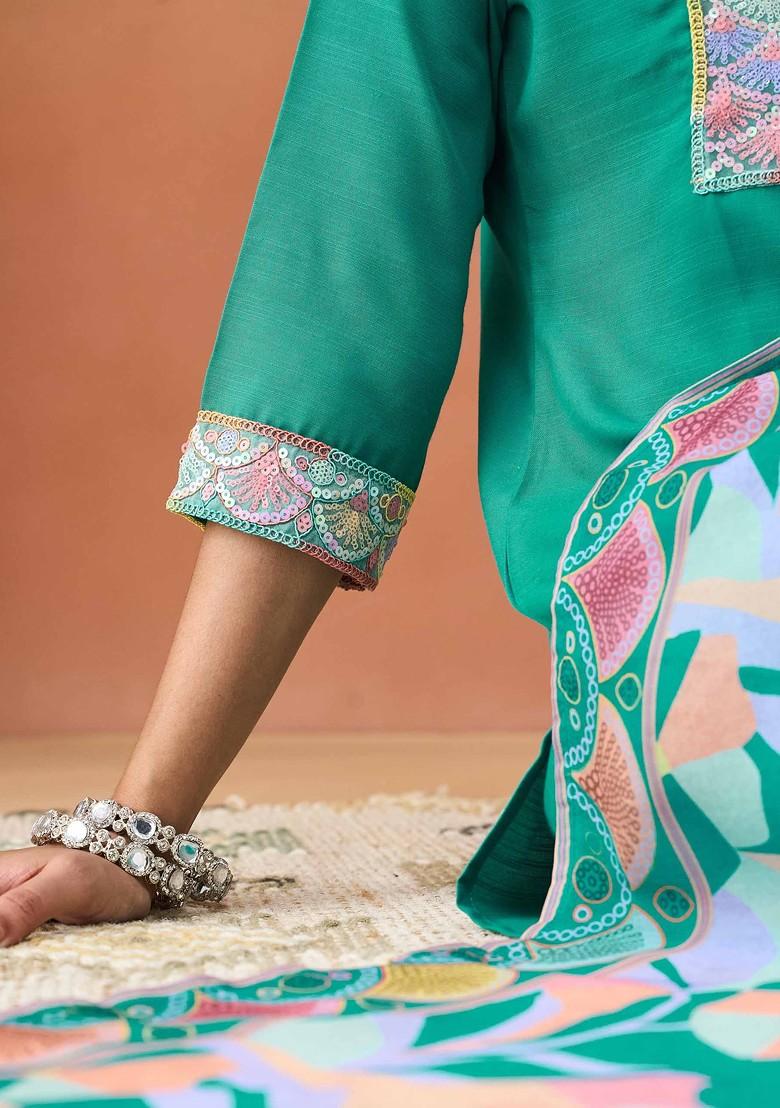 Sea Green Embellished Poly Blend Salwar Kameez With Dupatta