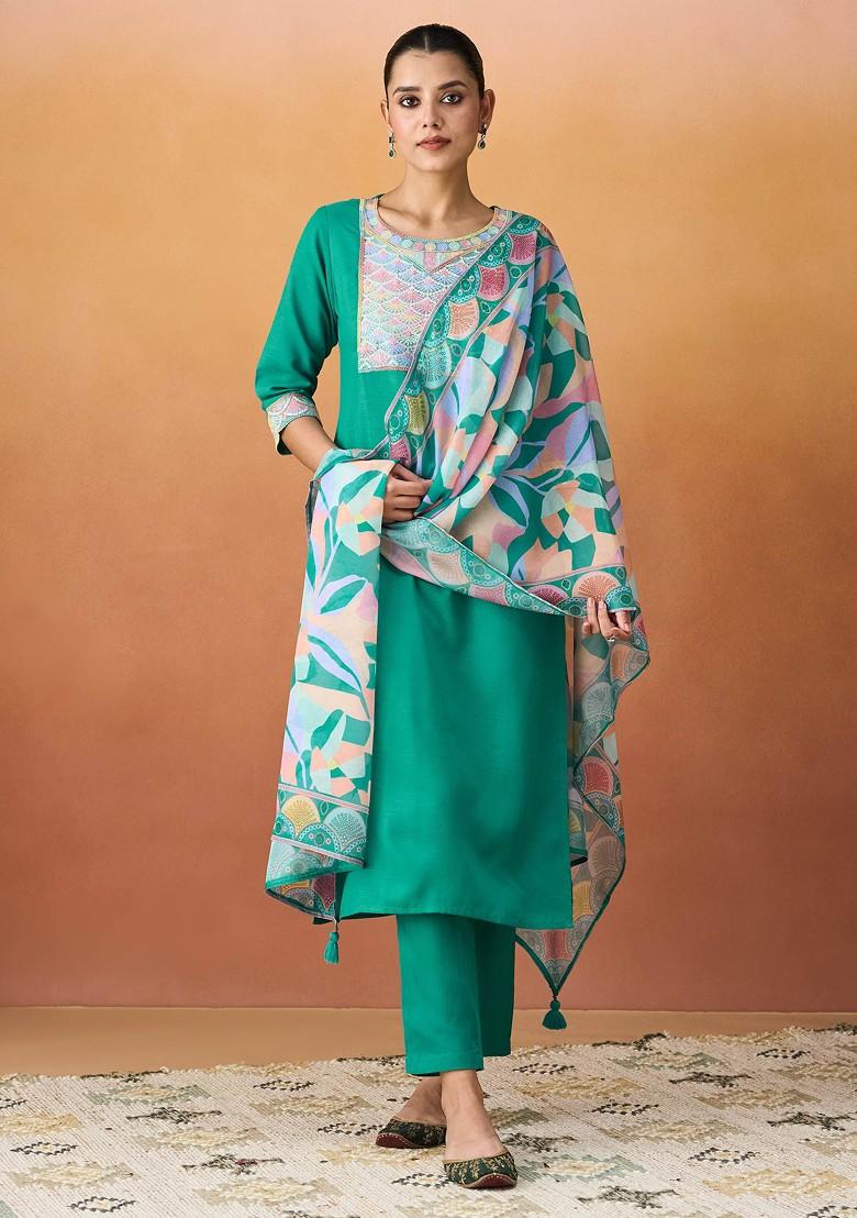 Sea Green Embellished Poly Blend Salwar Kameez With Dupatta
