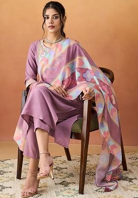 Lavender Embellished Poly Blend Salwar Kameez With Dupatta