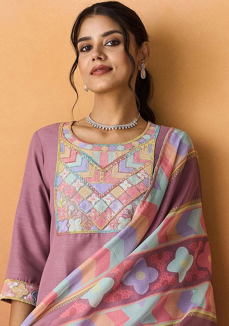 Lavender Embellished Poly Blend Salwar Kameez With Dupatta