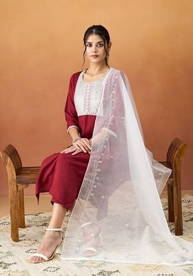 Maroon Beads And Stone Poly Blend Salwar Kameez With Dupatta