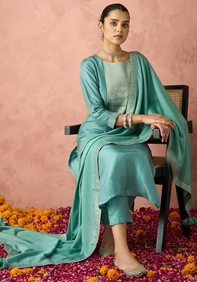 Teal Green Embroidered Poly Blend Salwar Kameez With Dupatta