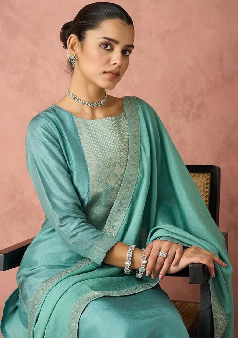 Teal Green Embroidered Poly Blend Salwar Kameez With Dupatta