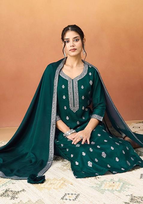 Teal Green Embroidered Silk Salwar Kameez With Dupatta