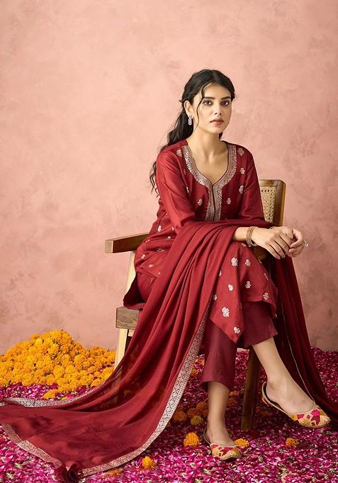 Maroon Embroidered Silk Salwar Kameez With Dupatta