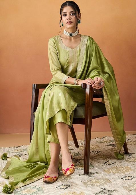Green Embroidered Silk Salwar Kameez With Dupatta