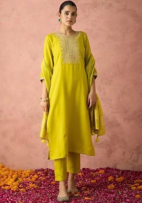 Lime Green Embroidered Poly Blend Salwar Kameez With Dupatta