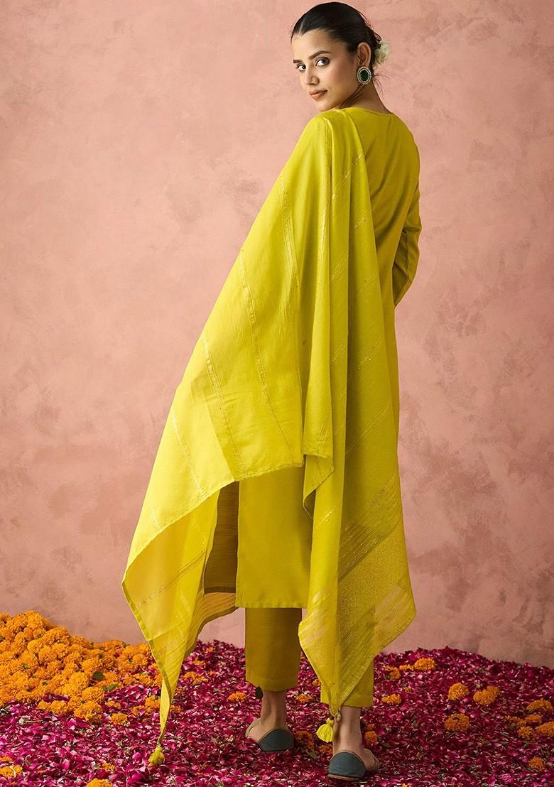 Lime Green Embroidered Poly Blend Salwar Kameez With Dupatta