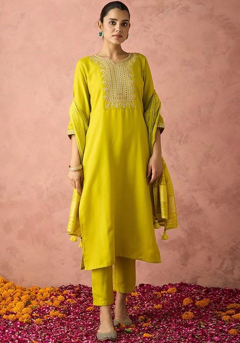 Lime Green Embroidered Poly Blend Salwar Kameez With Dupatta