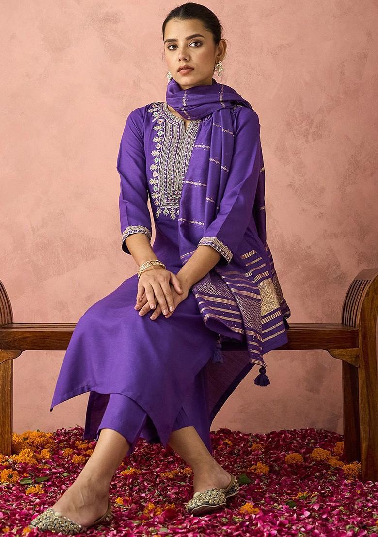 Violet Embroidered Poly Blend Salwar Kameez With Dupatta