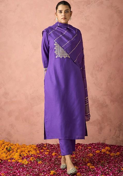 Violet Embroidered Poly Blend Salwar Kameez With Dupatta
