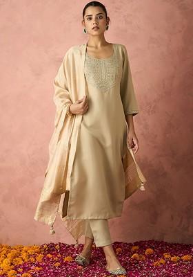 Beige Embellished Poly Blend Salwar Kameez With Dupatta