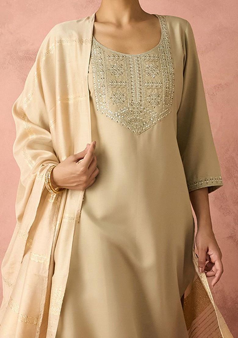 Beige Embellished Poly Blend Salwar Kameez With Dupatta