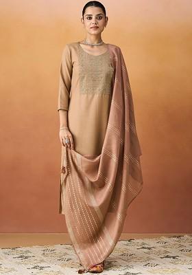 Beige Embroidered Poly Blend Salwar Kameez With Dupatta