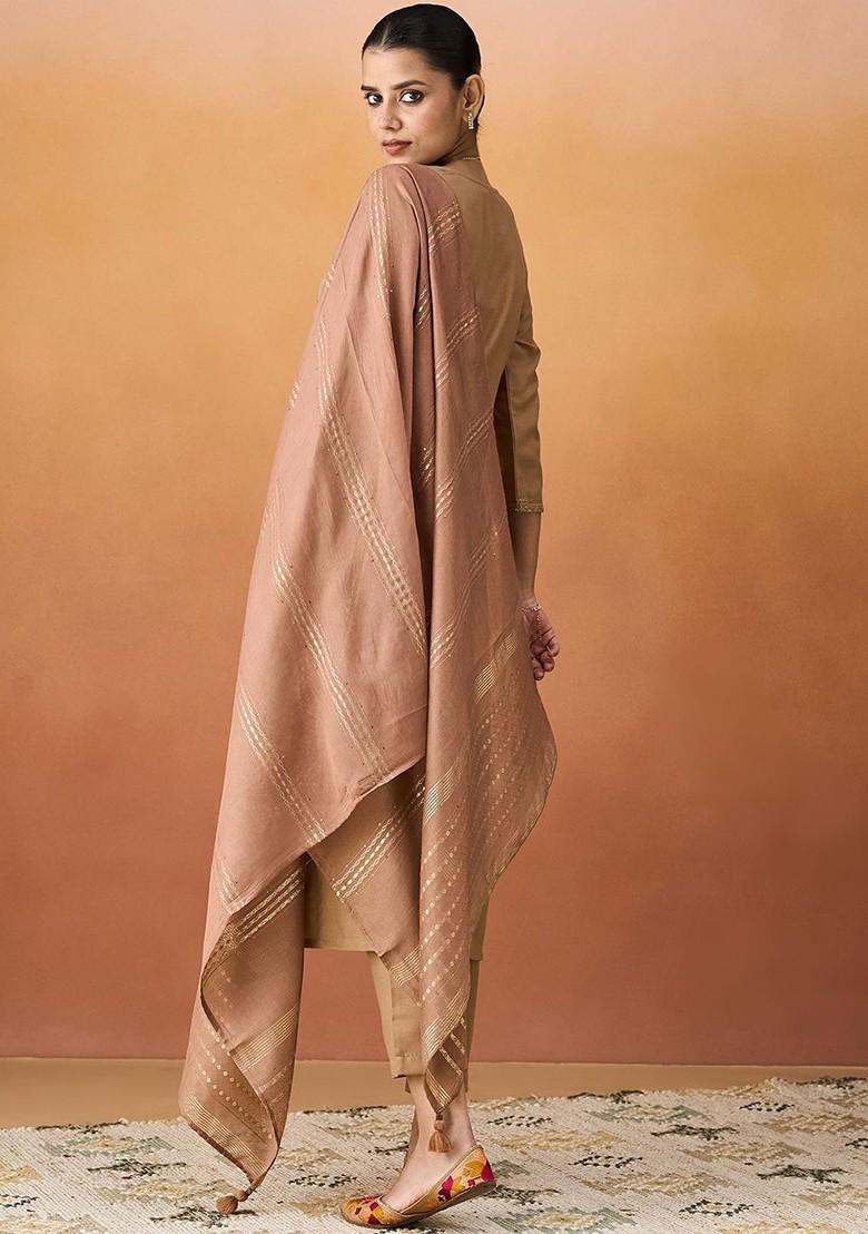 Beige Embroidered Poly Blend Salwar Kameez With Dupatta