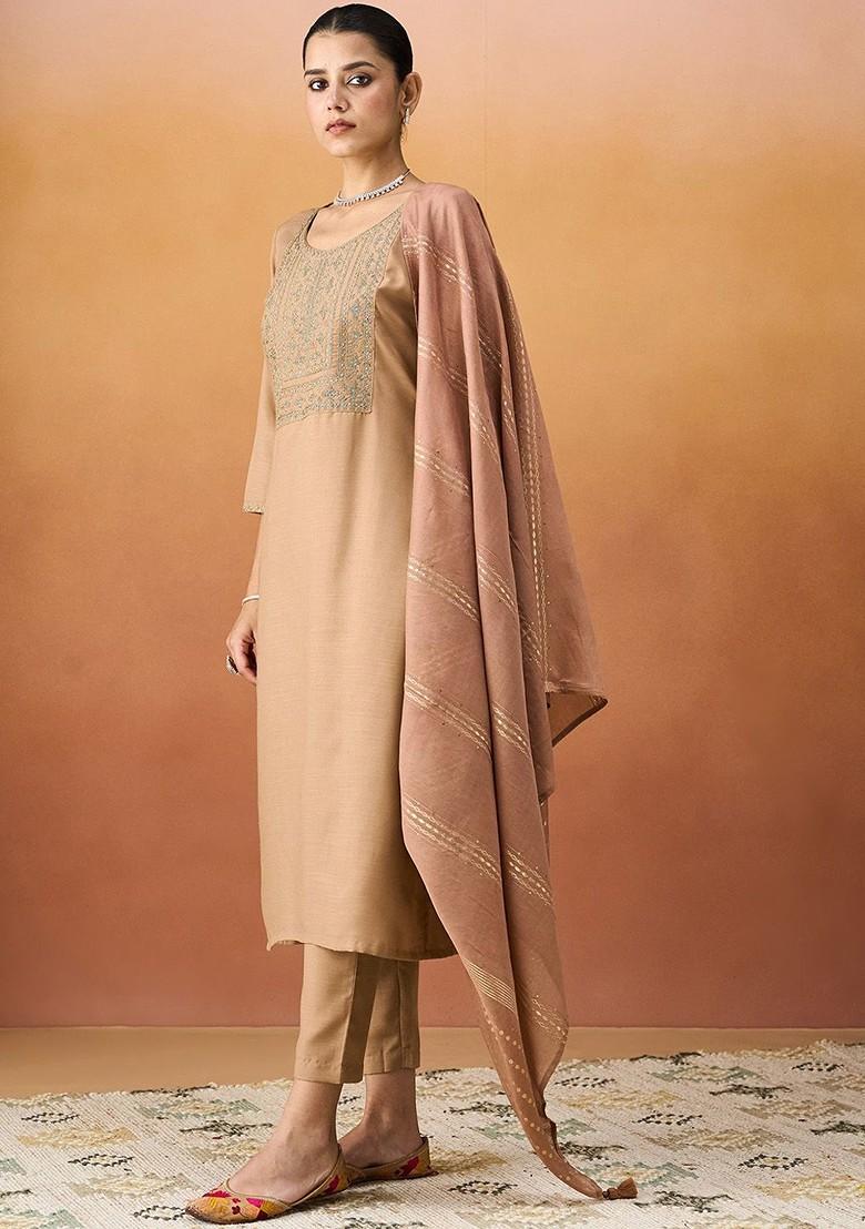 Beige Embroidered Poly Blend Salwar Kameez With Dupatta