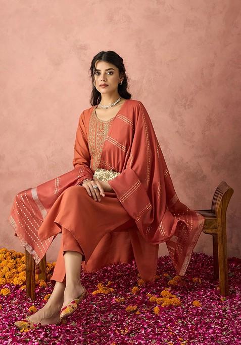 Rust Orange Embroidered Poly Blend Salwar Kameez With Dupatta