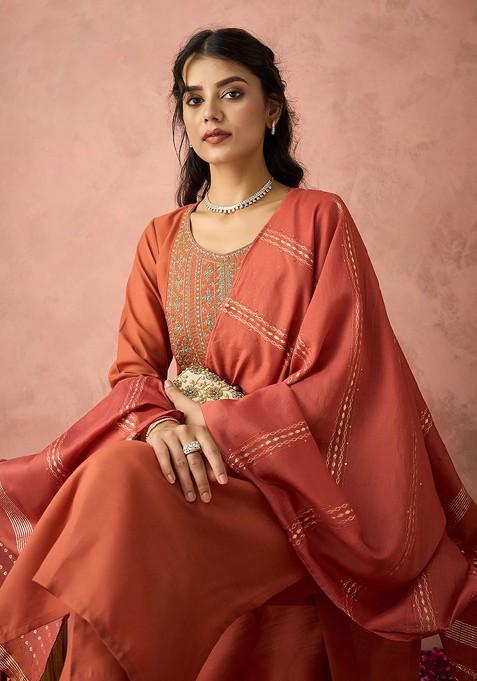 Rust Orange Hand-Embellished Dupatta
