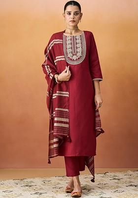 Maroon Embroidered Poly Blend Salwar Kameez With Dupatta
