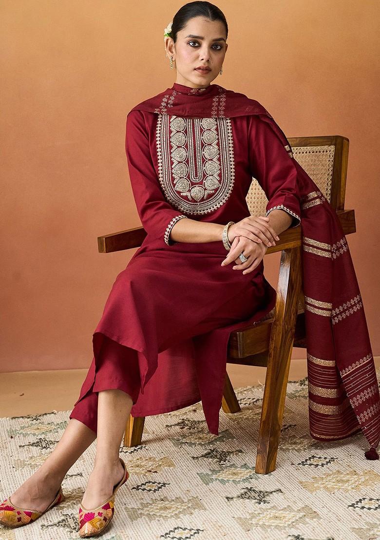 Maroon Embroidered Poly Blend Salwar Kameez With Dupatta