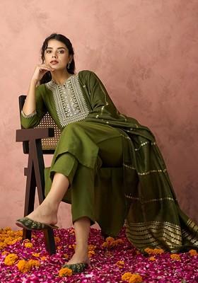 Green Embroidered Poly Blend Salwar Kameez With Dupatta