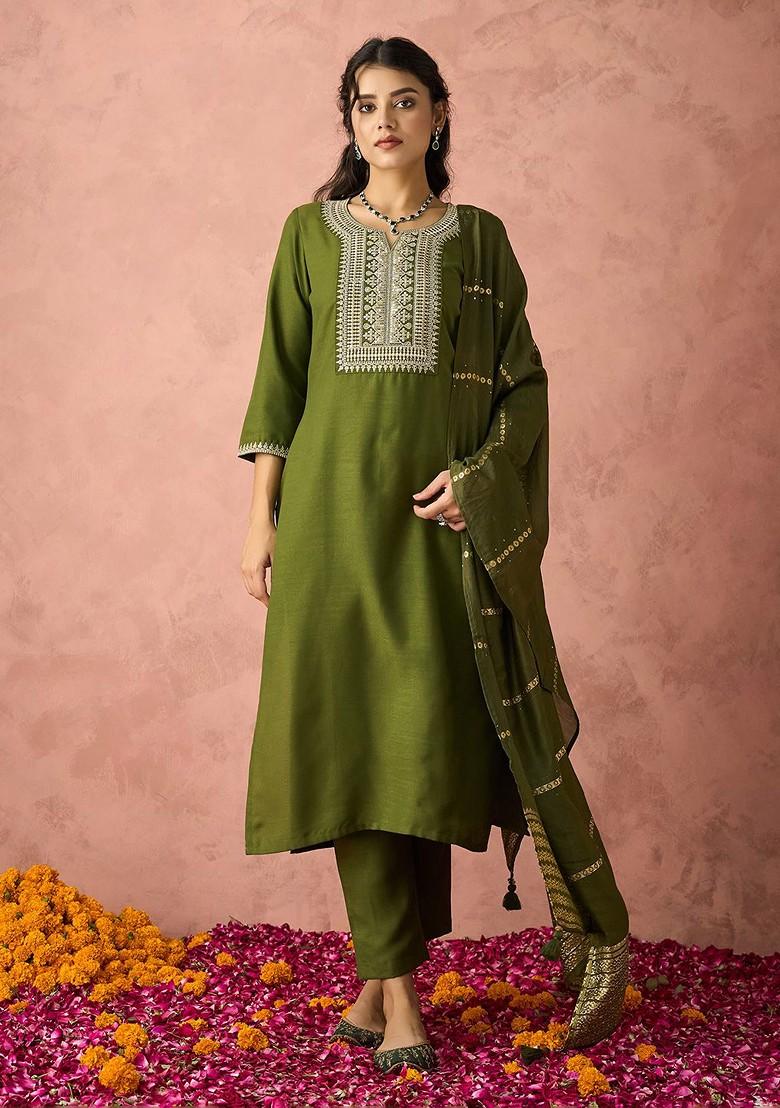 Green Embroidered Poly Blend Salwar Kameez With Dupatta