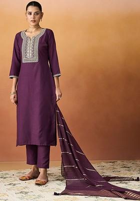 Burgundy Embroidered Poly Blend Salwar Kameez With Dupatta
