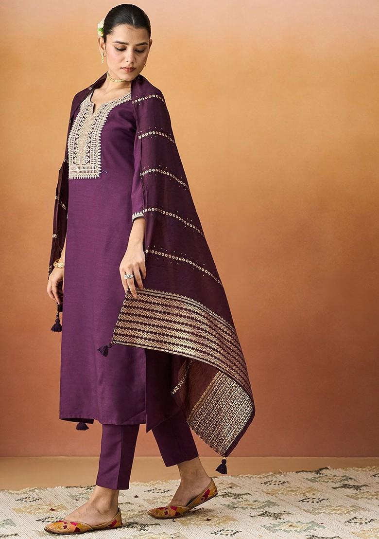 Burgundy Embroidered Poly Blend Salwar Kameez With Dupatta