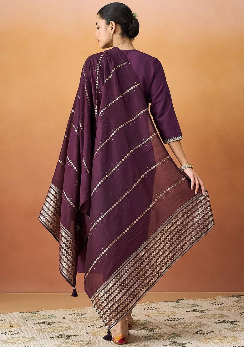 Burgundy Embroidered Poly Blend Salwar Kameez With Dupatta