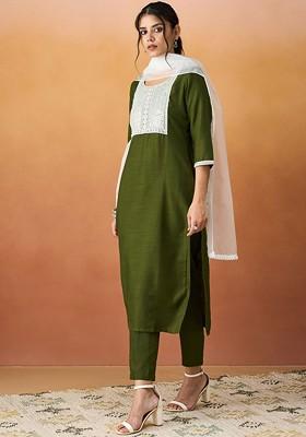 Green Beads And Stone Poly Blend Salwar Kameez With Dupatta